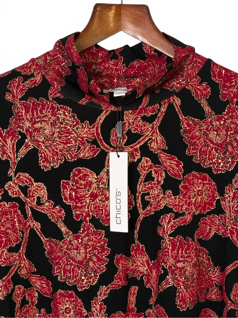 NWT Chico's 2 Touch Of Cool Carmine Red Floral Mock Neck Top US Size L - Picture 5 of 10